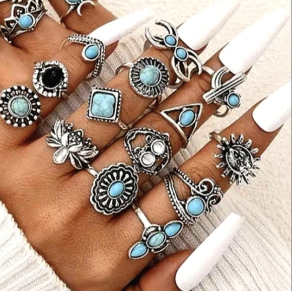 25 Piece Boho Rings Silvery Blue Silver Stacking Bohemian Jewelry Set - Picture 5 of 7